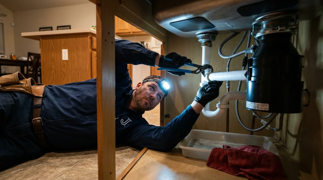 P-trap and supply line connections under a kitchen sink showing a common leak point in Coleman, TX